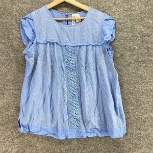 Liv Blouse Women L Large Blue Geometric Embroidered Crew Neck Short Sleeve Rayon